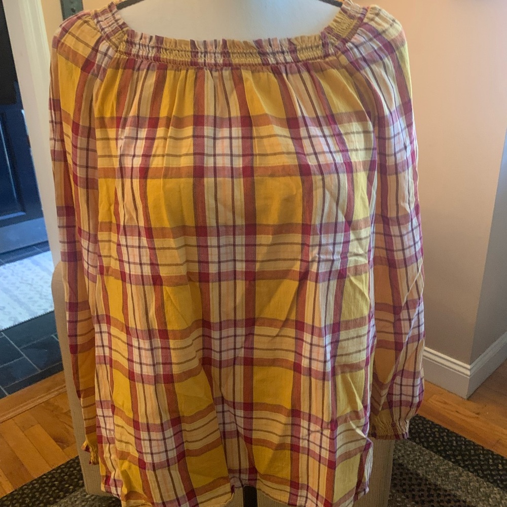Old Navy Yellow and Red Plaid Off-Shoulder Blouse